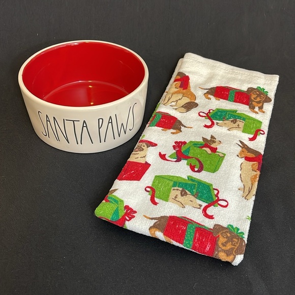 Santa Paws Food/Water Bowl and Christmas Dog themed Kitchen Towel - Picture 1 of 10